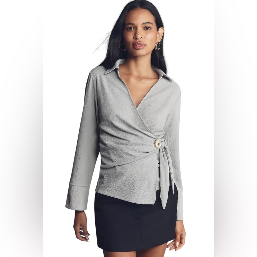 Anthropologie Wrap Blouse Gray Tie Waist Gold Button Top Long Sleeve M